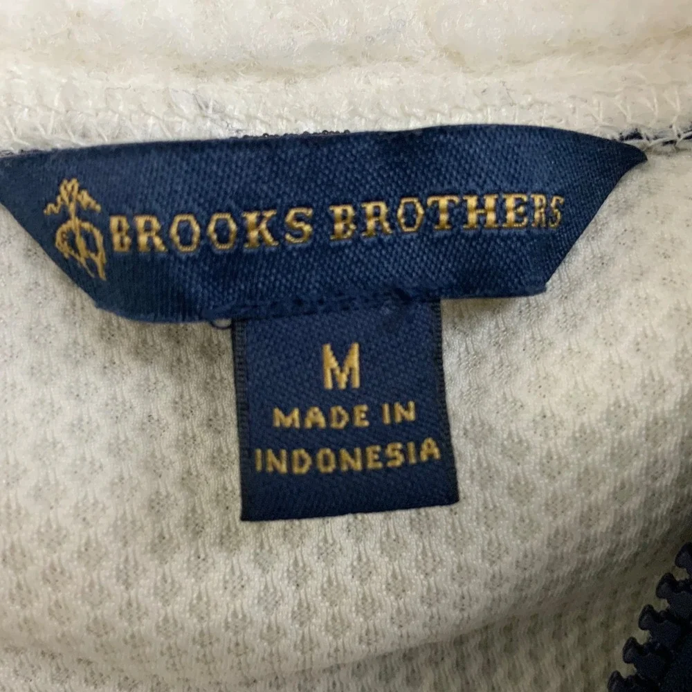 Brooks Brothers Mens Sherpa Fleece Vest Cream Navy Blue Full Zip Size Medium
